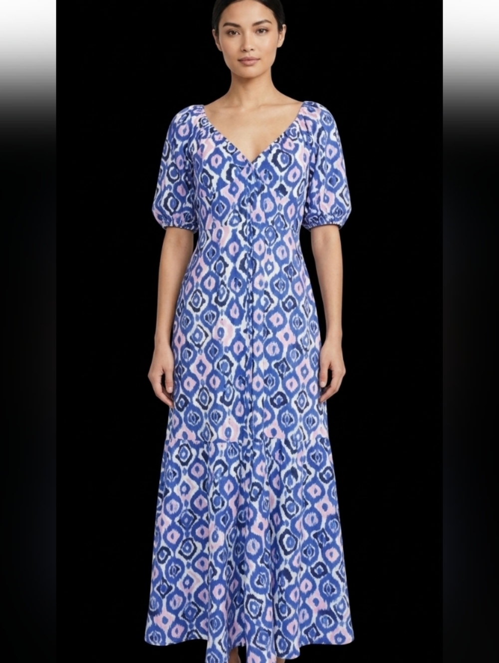 Tiana B. Ikat Print Puff Sleeve Maxi Dress NWOT